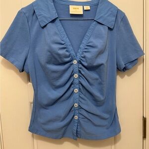 Anthropologie Blue Button-Down Ruched Blouse